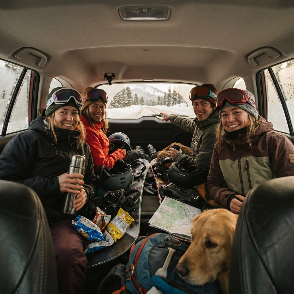 Inside the car on a ski trip